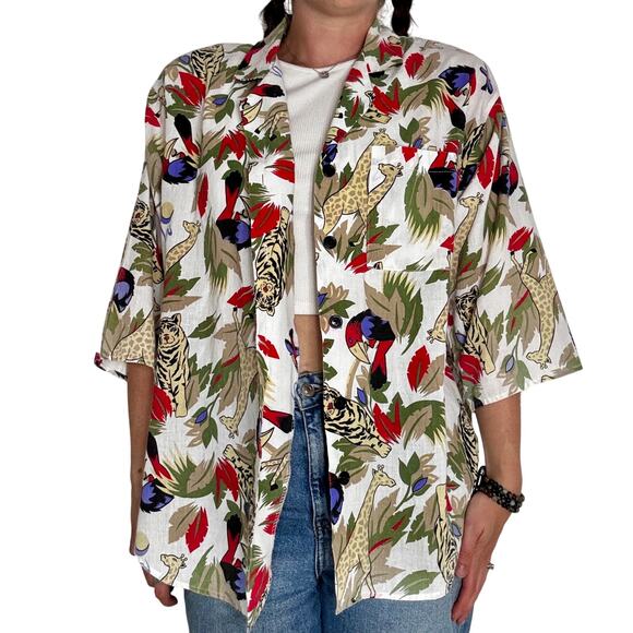 Rhapsody Safari Jungle Print Button Up Cotton Blouse Vintage 1990s Size Large - Picture 2 of 12